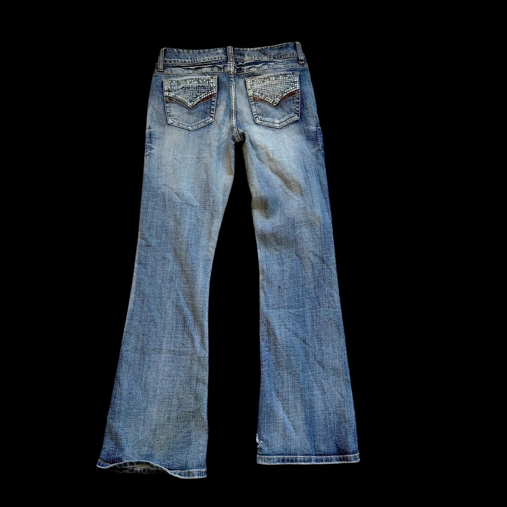Y2K Mudd Low Rise Flare Jeans Blue Rhinestone Embellished Sz 7 Broken Zip